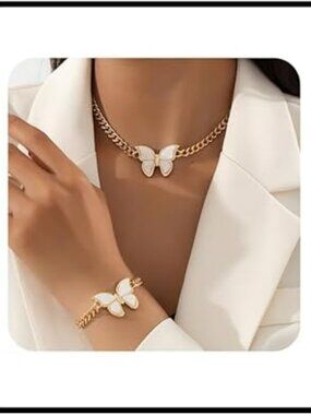 Set of Butterfly Cuban Jewelry Set Gold Necklace & Bracelet Set Chunky Cuban
